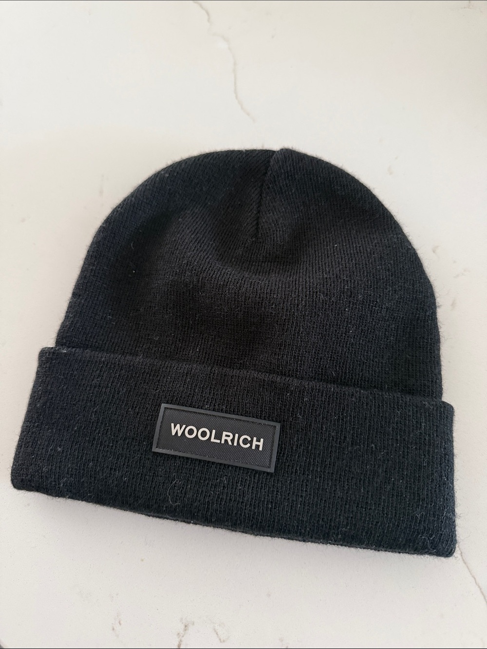 Woolrich Black Rib Knit Beanie with Logo Patch
